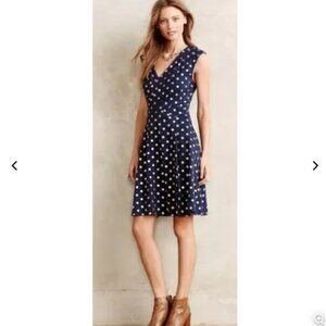 Maeve Ophira Fit and Flare Navy & Metallic Gold Polka Dot Dress